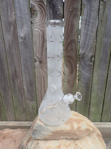 Heavy Duty 14 Inch Beaker Water Pipe with Sand Blasted Cannabis Leaf